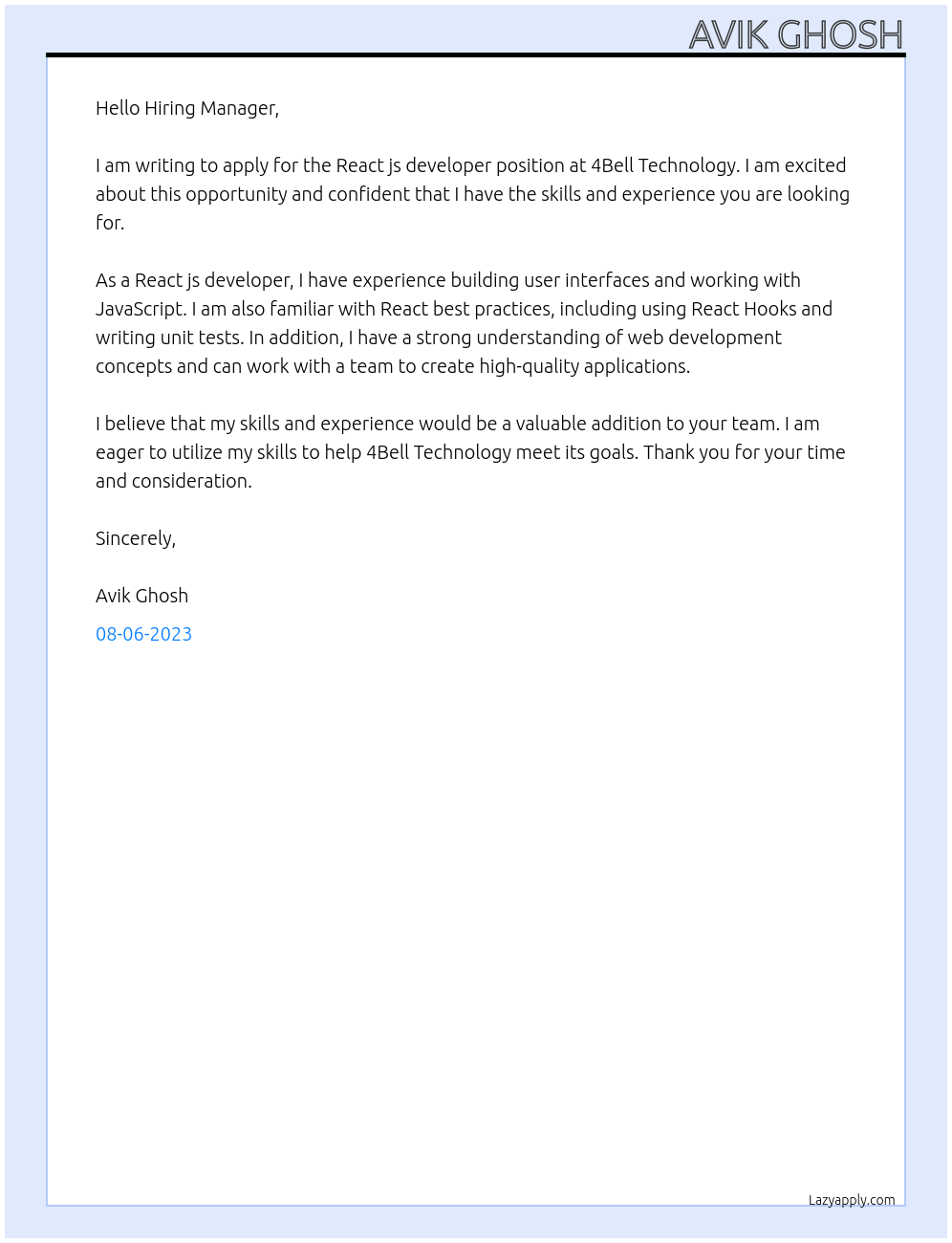 React js developer At 4Bell Technology Cover Letter