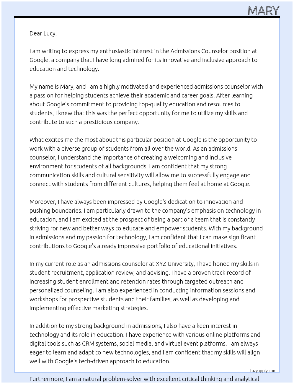 Admissions Counselor At Google Cover Letter
