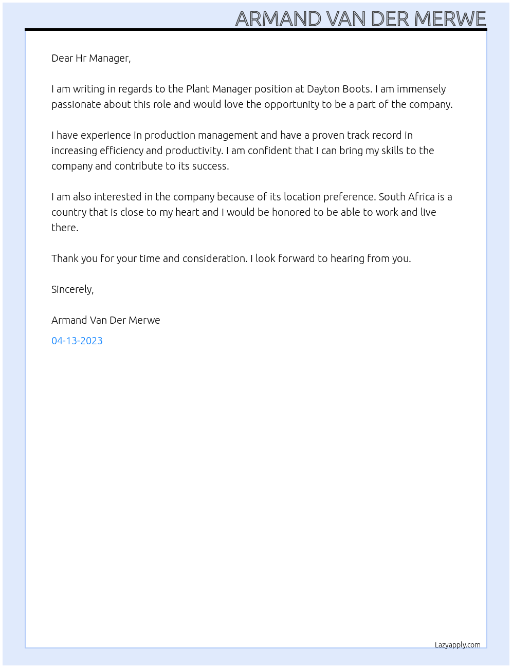 Plant Manager At Dayton Boots Cover Letter