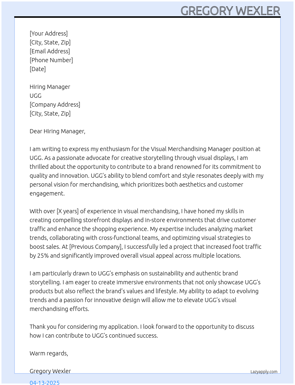 Cover letter for visual merchandising manager, - LazyApply