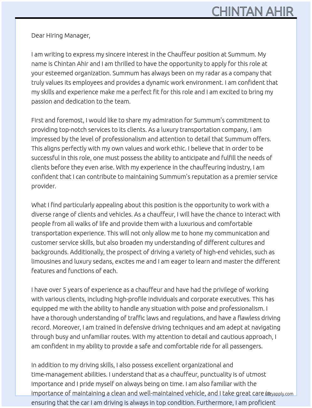 Chauffeur At Summum Cover Letter