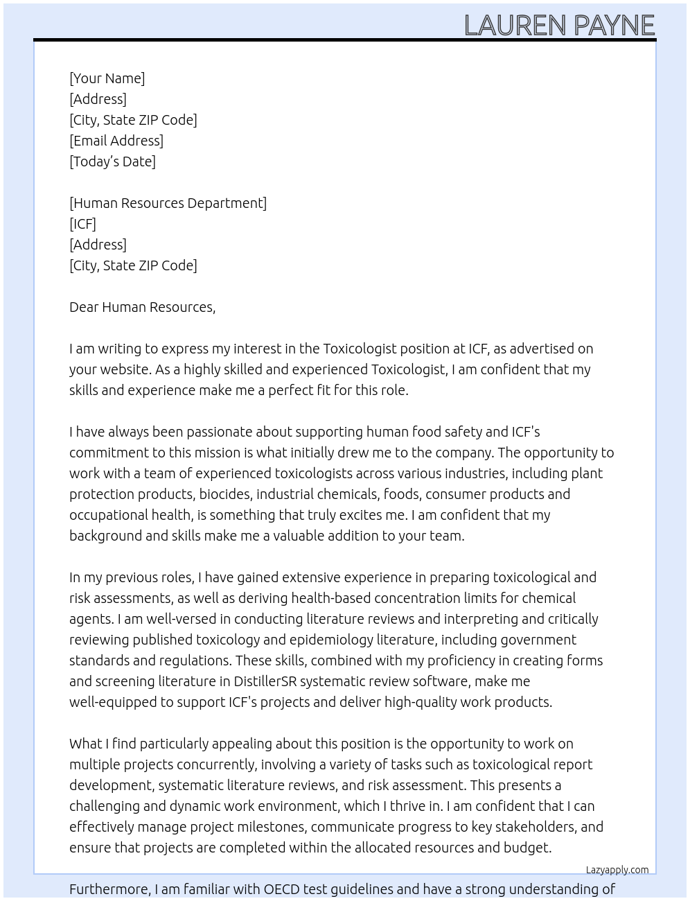 Toxicologist At ICF Cover Letter