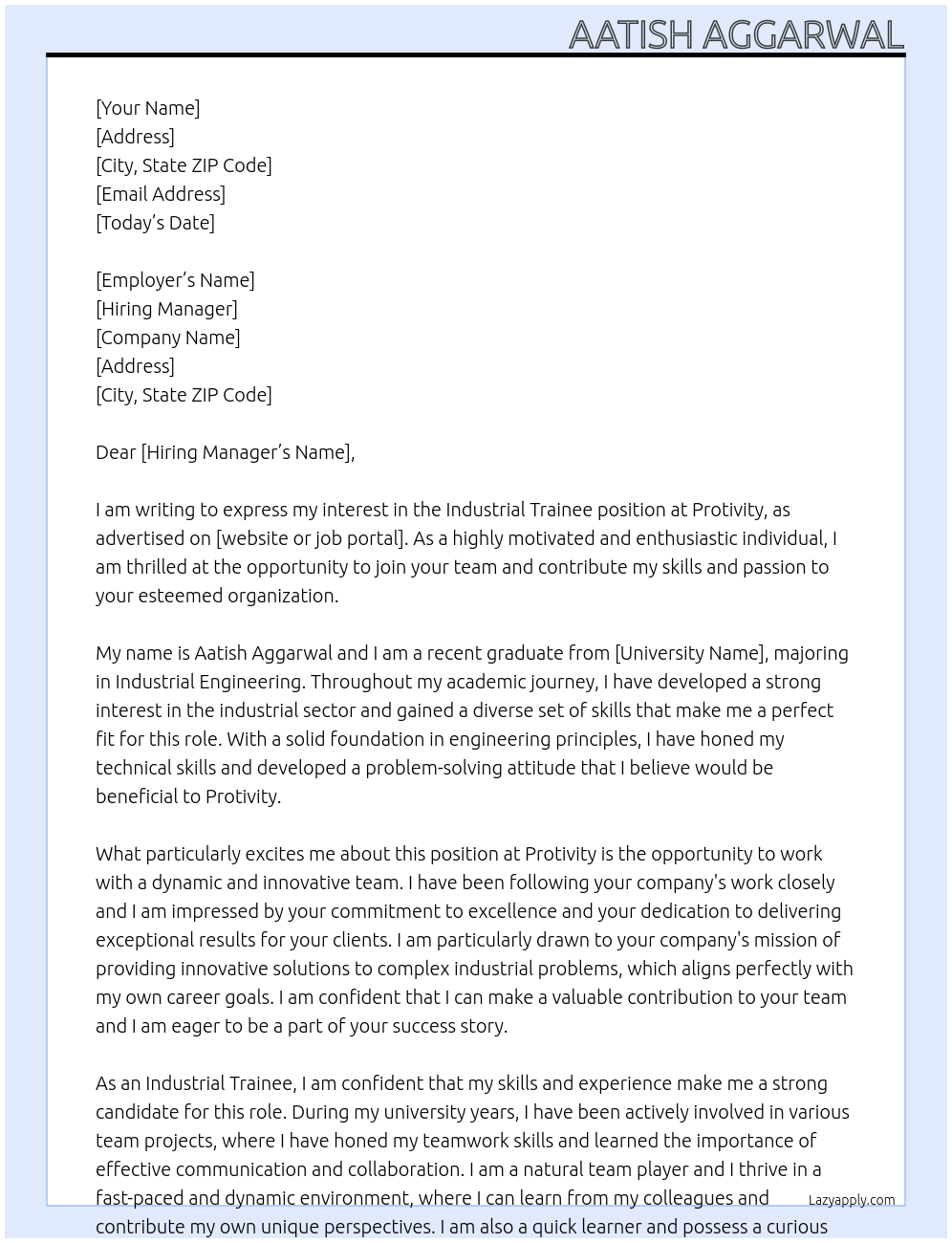 Industrial Trainee At Protivity Cover Letter