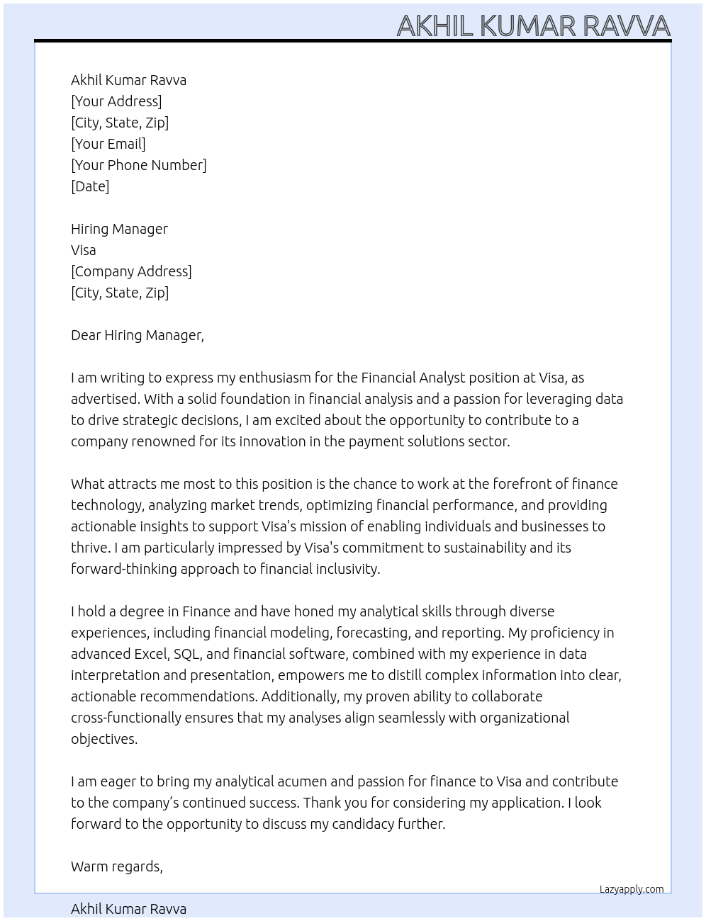 Financial Analyst At Visa Cover Letter