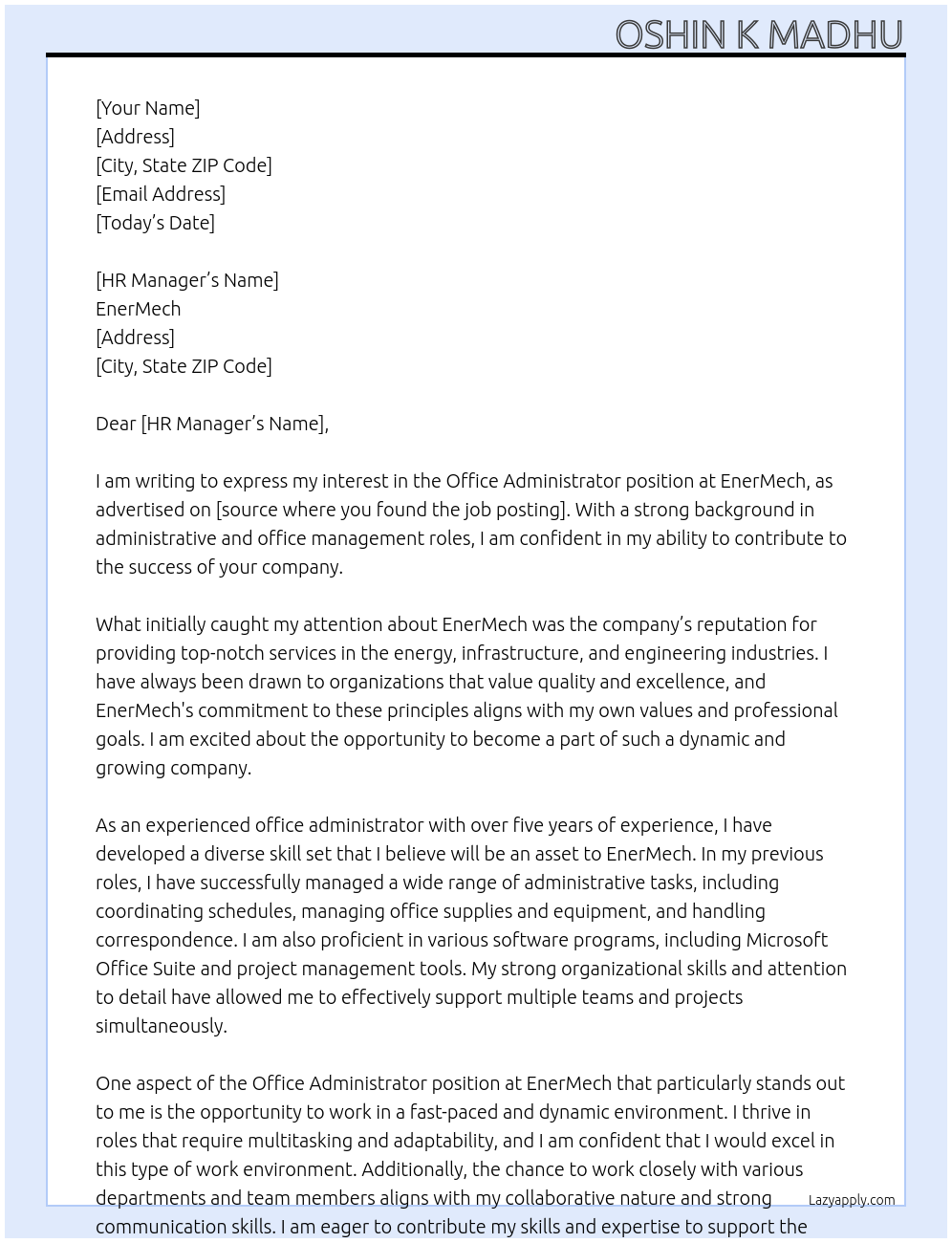 Office Administrator At EnerMech Cover Letter