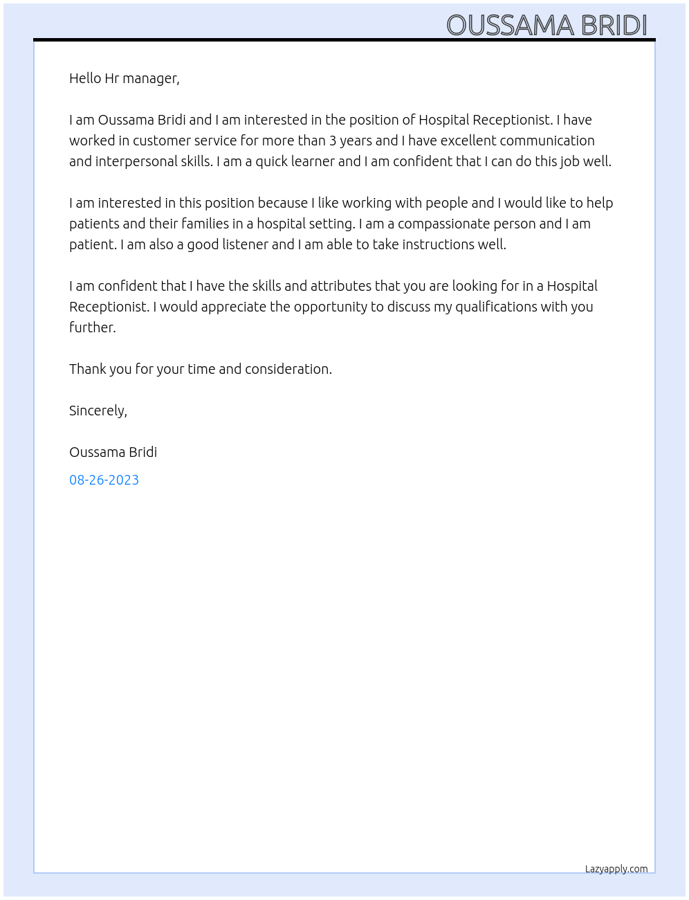Cover letter for hospital receptionist - FWxDr0wEqBtqliOLpVXJ