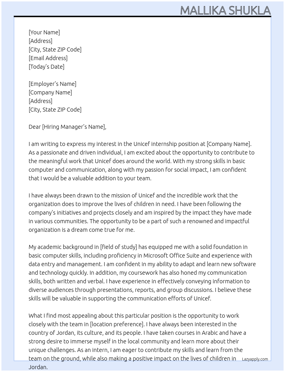 Unicef internship At Unicef Cover Letter