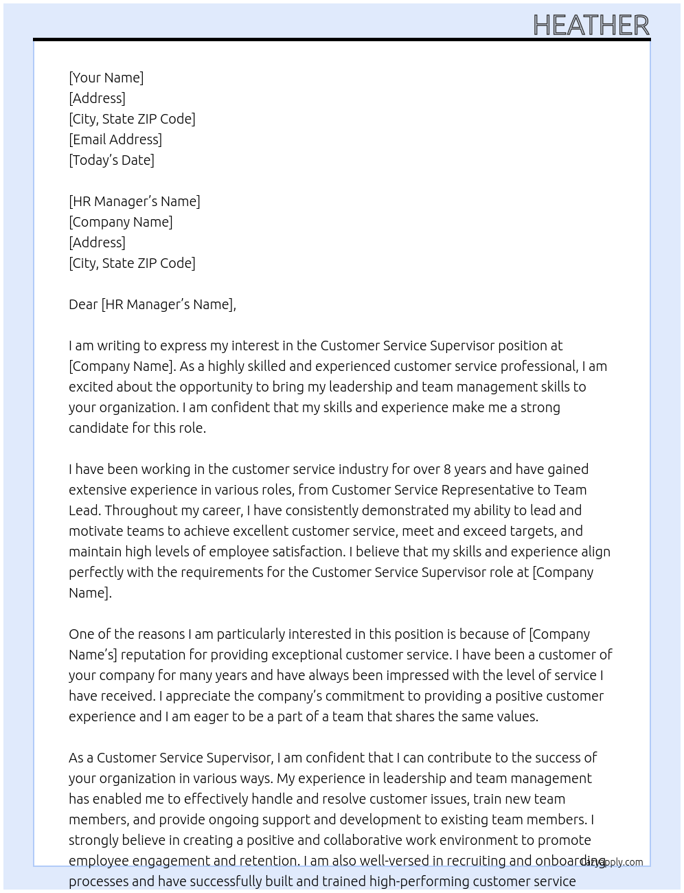 Customer Service Supervisor At Call Center Cover Letter