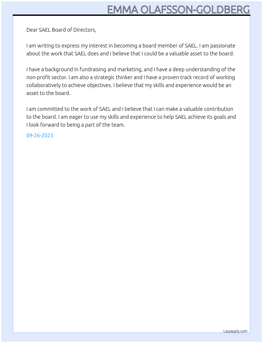 Board member At SAEL Cover Letter