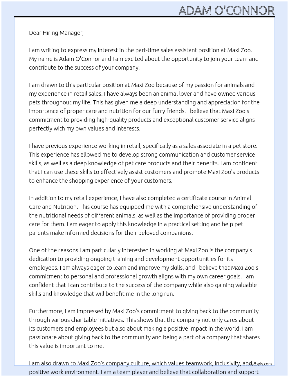 part time sales assistant At maxi zoo Cover Letter