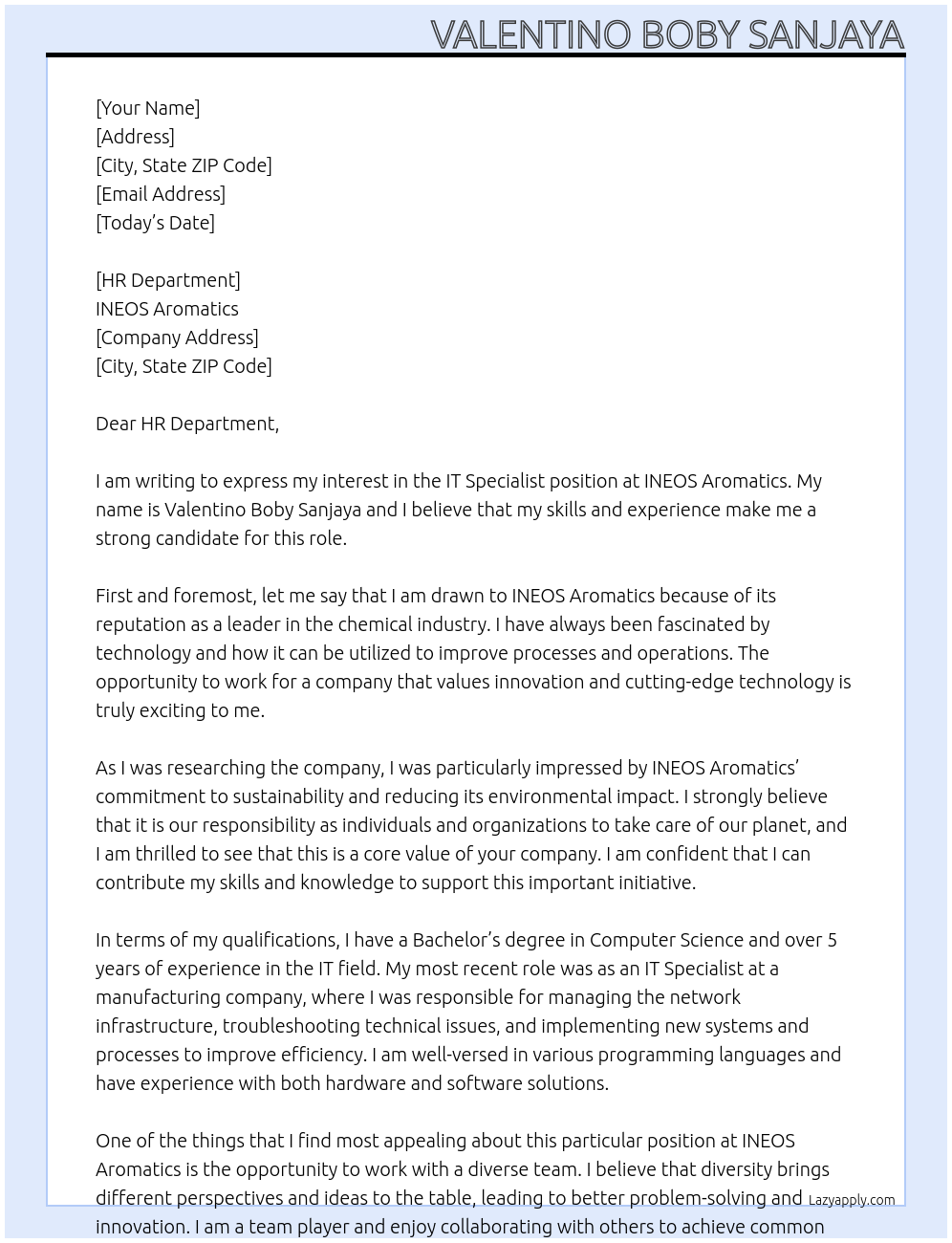 IT Specialist At INEOS Aromatics Cover Letter