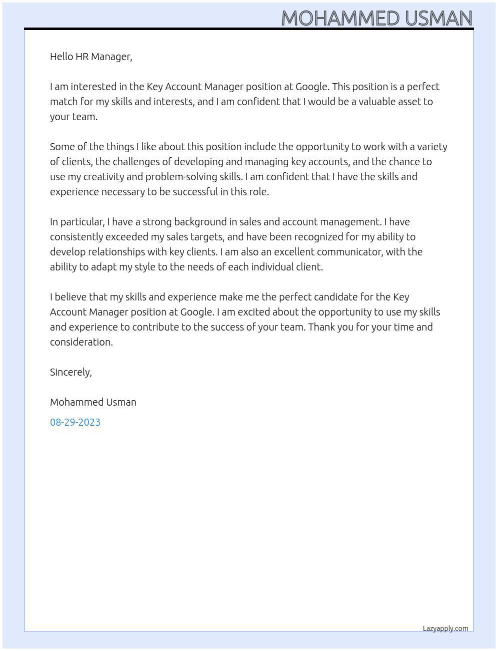 Key Account Manager At Google Cover Letter