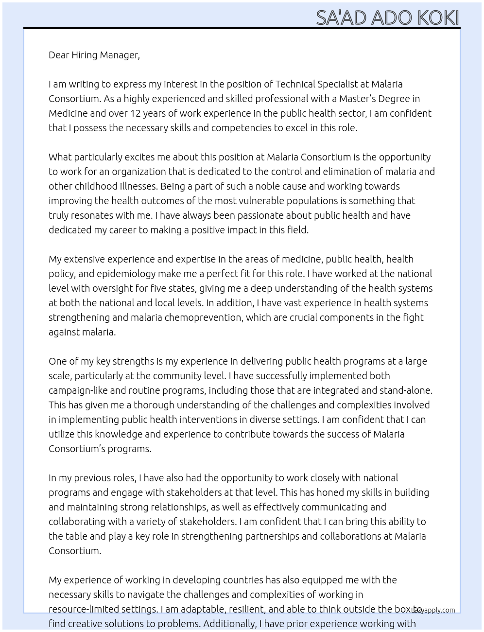 Technical Specialist At Malaria Consortium Cover Letter