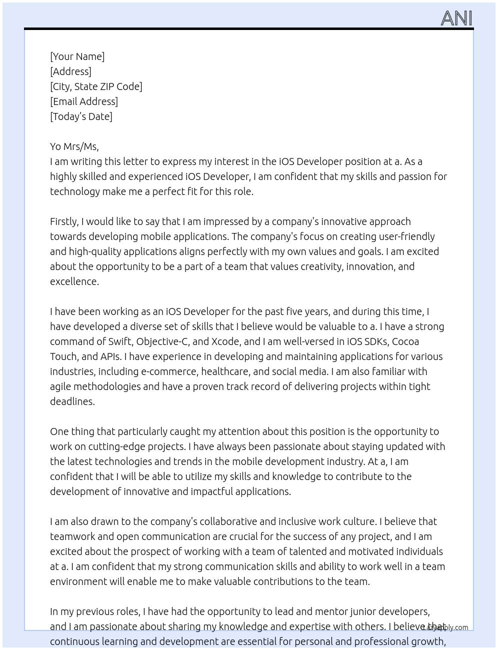 iOS Developer At a Cover Letter