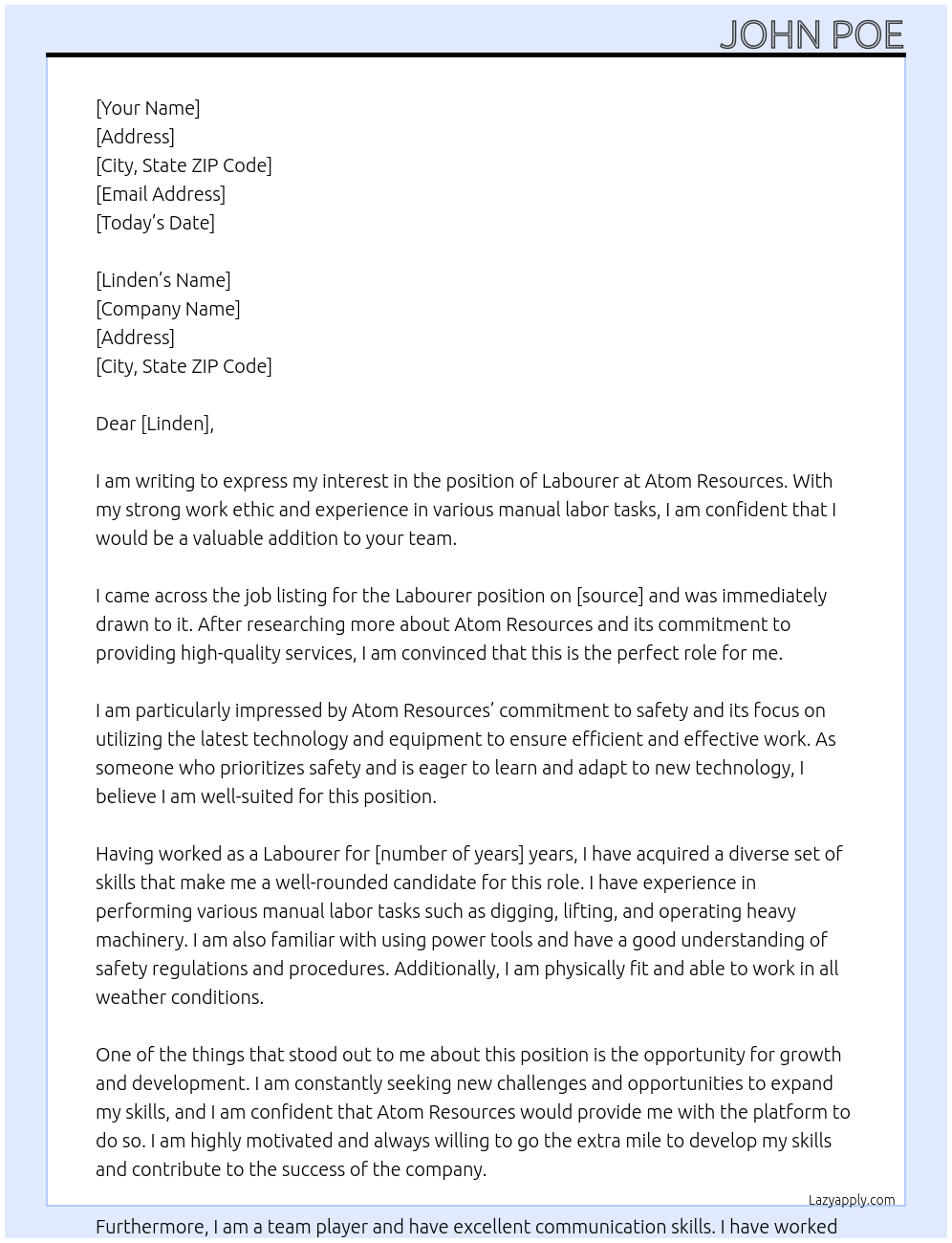 labourer At ATOM RESOURCES Cover Letter