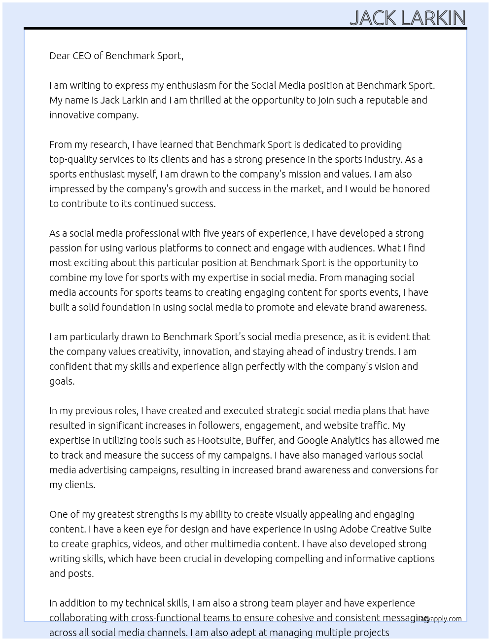 Social Media At benchmark sport Cover Letter
