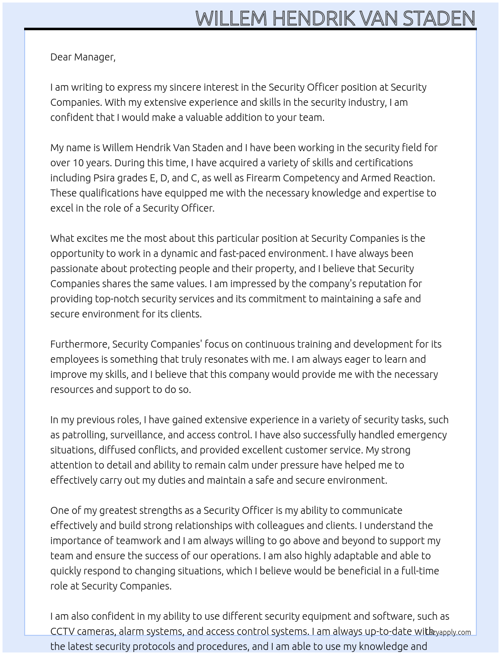 Security officer At Security companies Cover Letter