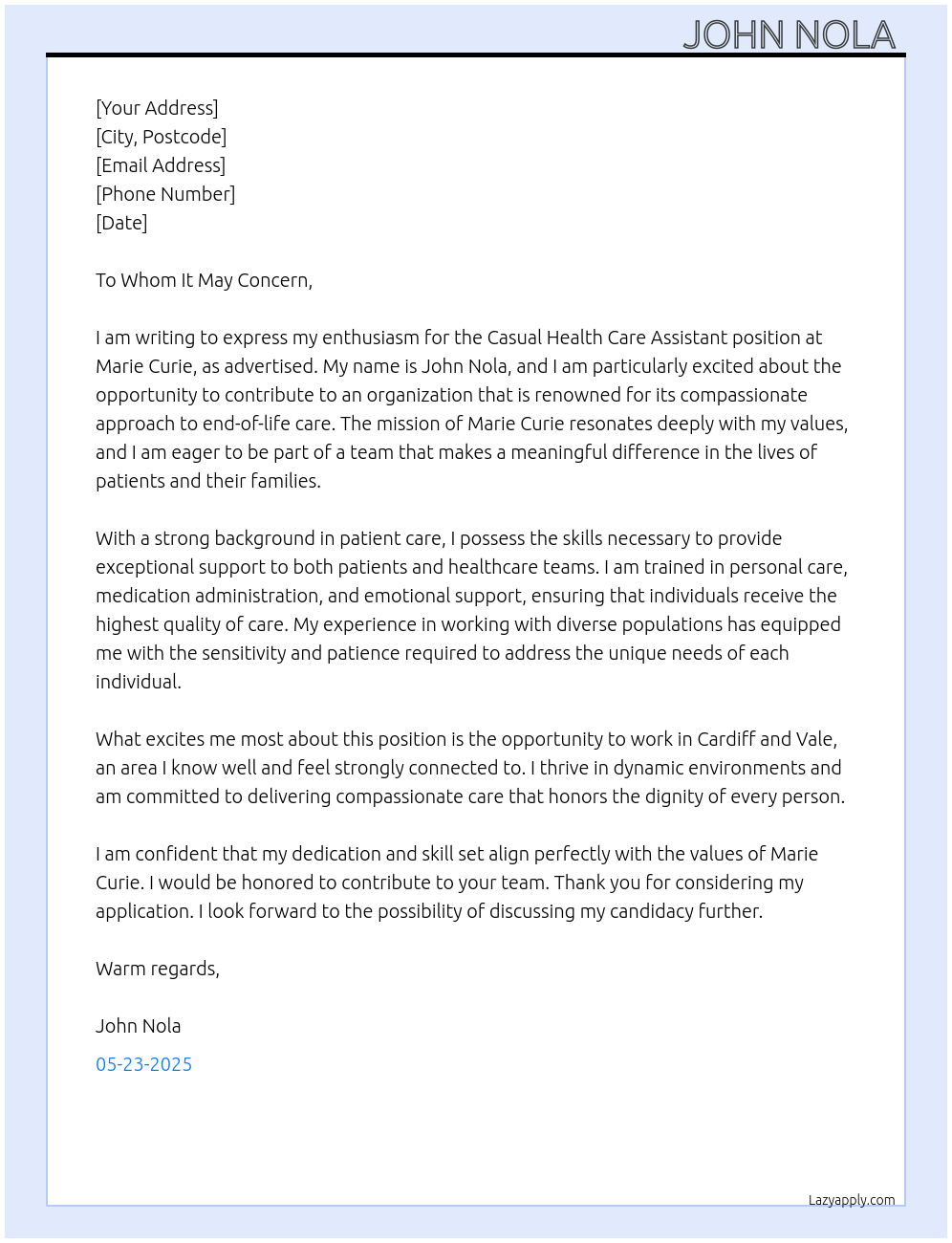 Health care assistant At Marie Curie Cover Letter