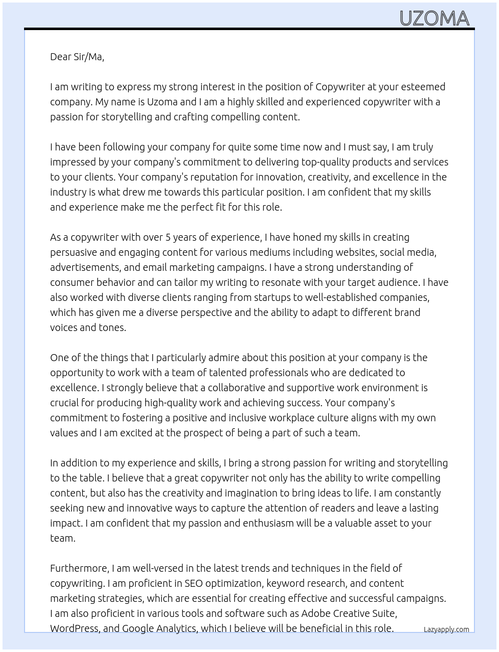 Copywriter At Dear sir/ma Cover Letter