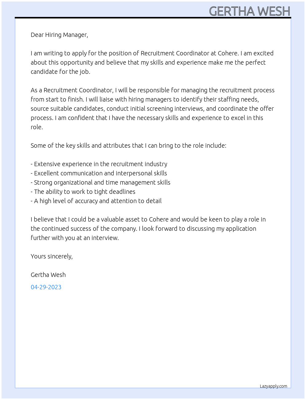Recruitng Coordinator At Cohere Cover Letter