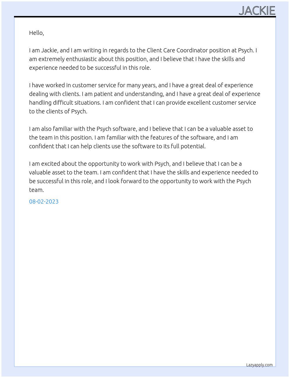 Client Care coordinator At psych Cover Letter