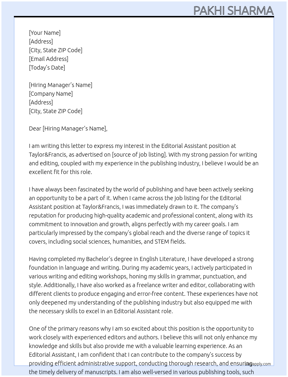 editorial assistant At taylor&francis Cover Letter