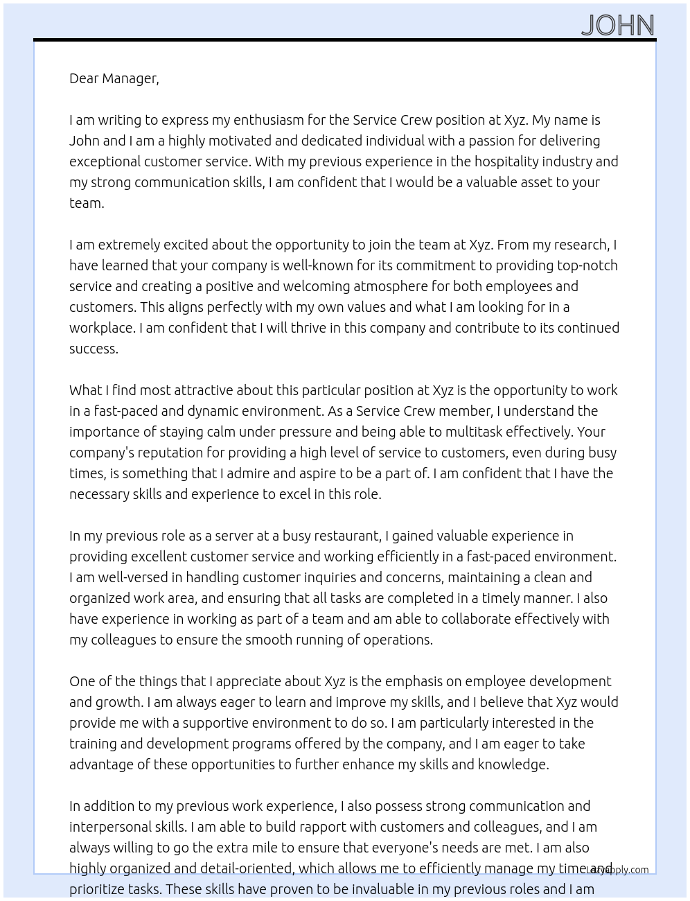 Service Crew At Xyz Cover Letter