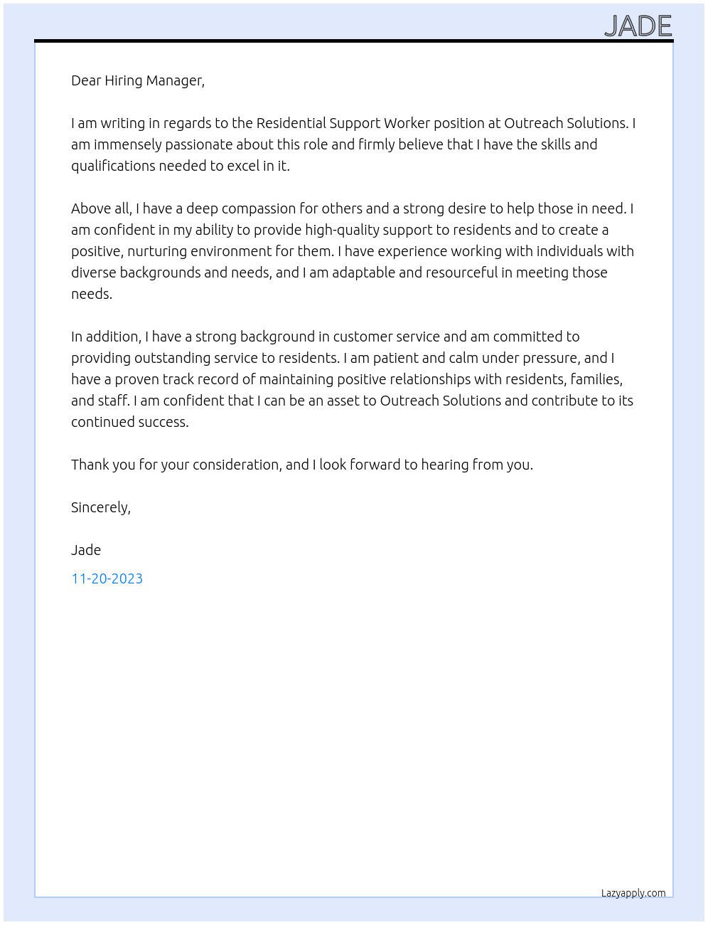 Residential Support Worker At Outreach Solutions Cover Letter