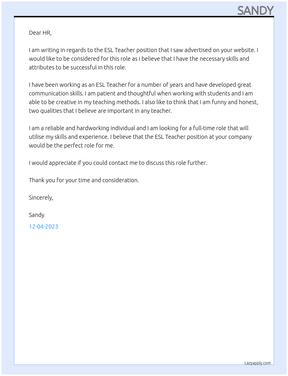 ESL Teacher At Recruiter Cover Letter