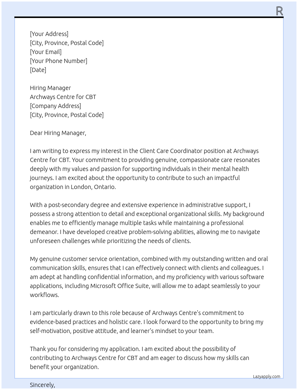 Client Care Coordinator At Archways Centre for CBT Cover Letter