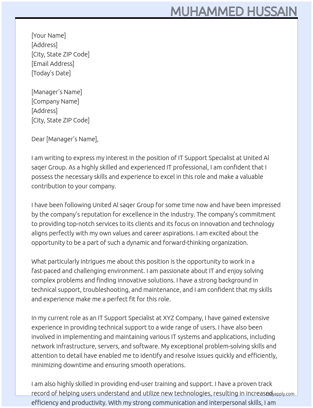 IT support specialist At United Al saqer Group Cover Letter