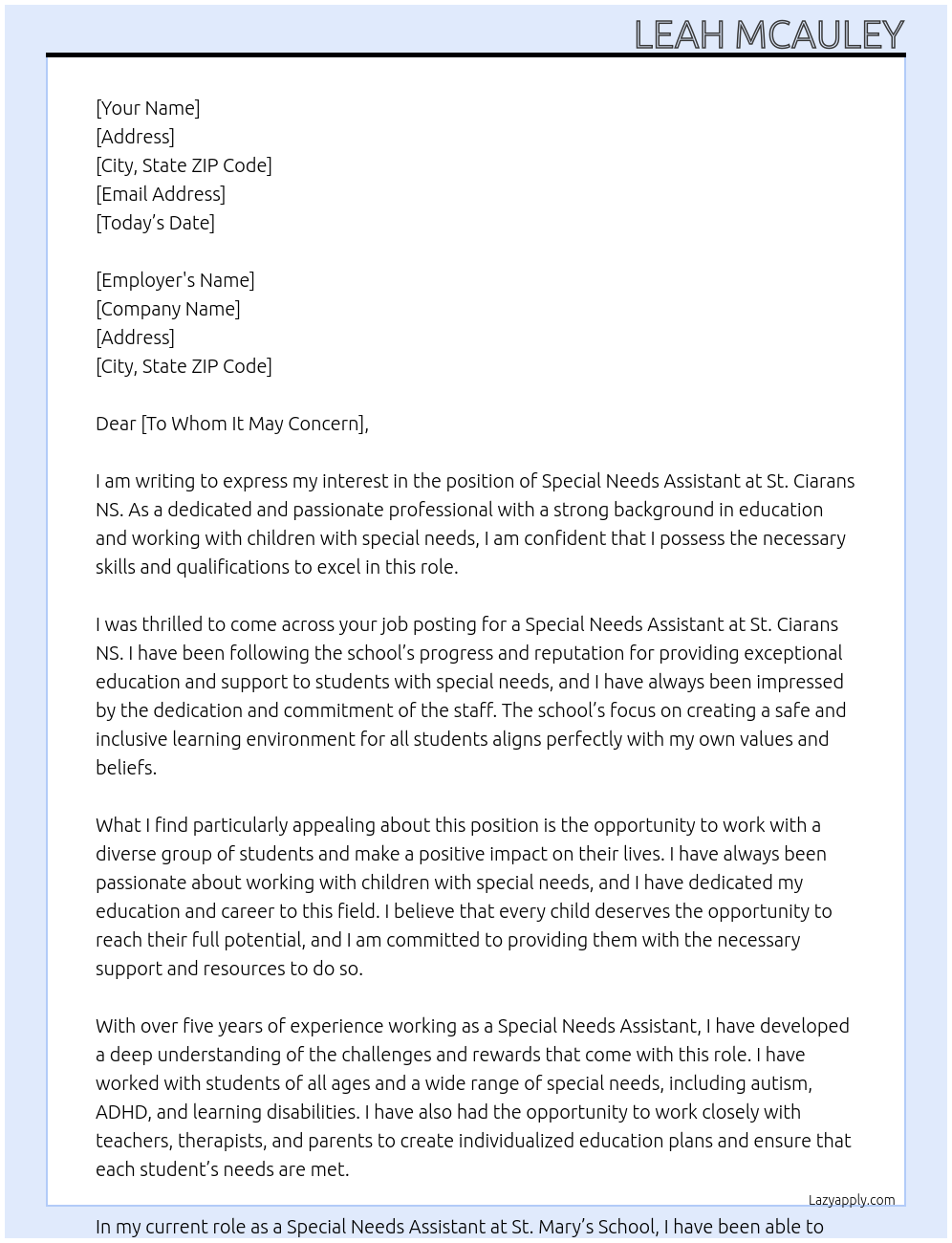 Special Needs Assistant At St. Ciarans NS Cover Letter