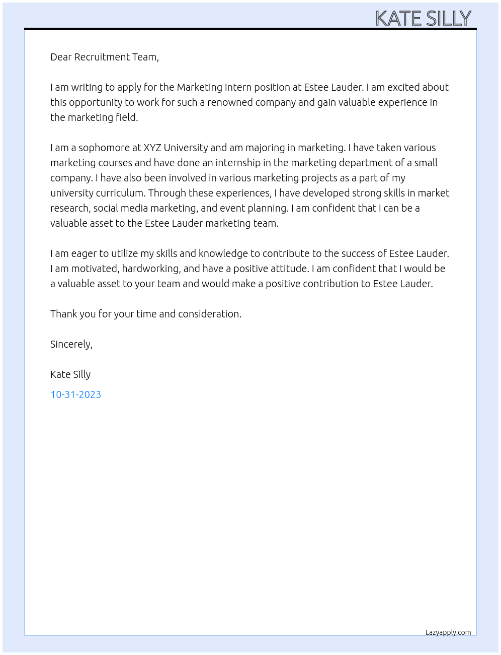 Merketing intern  At Estee Lauder Cover Letter