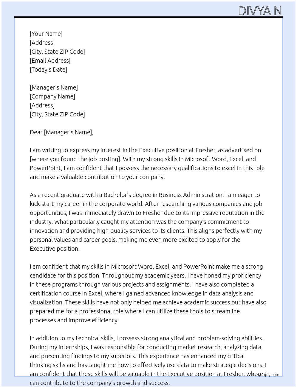 Executive At Fresher Cover Letter