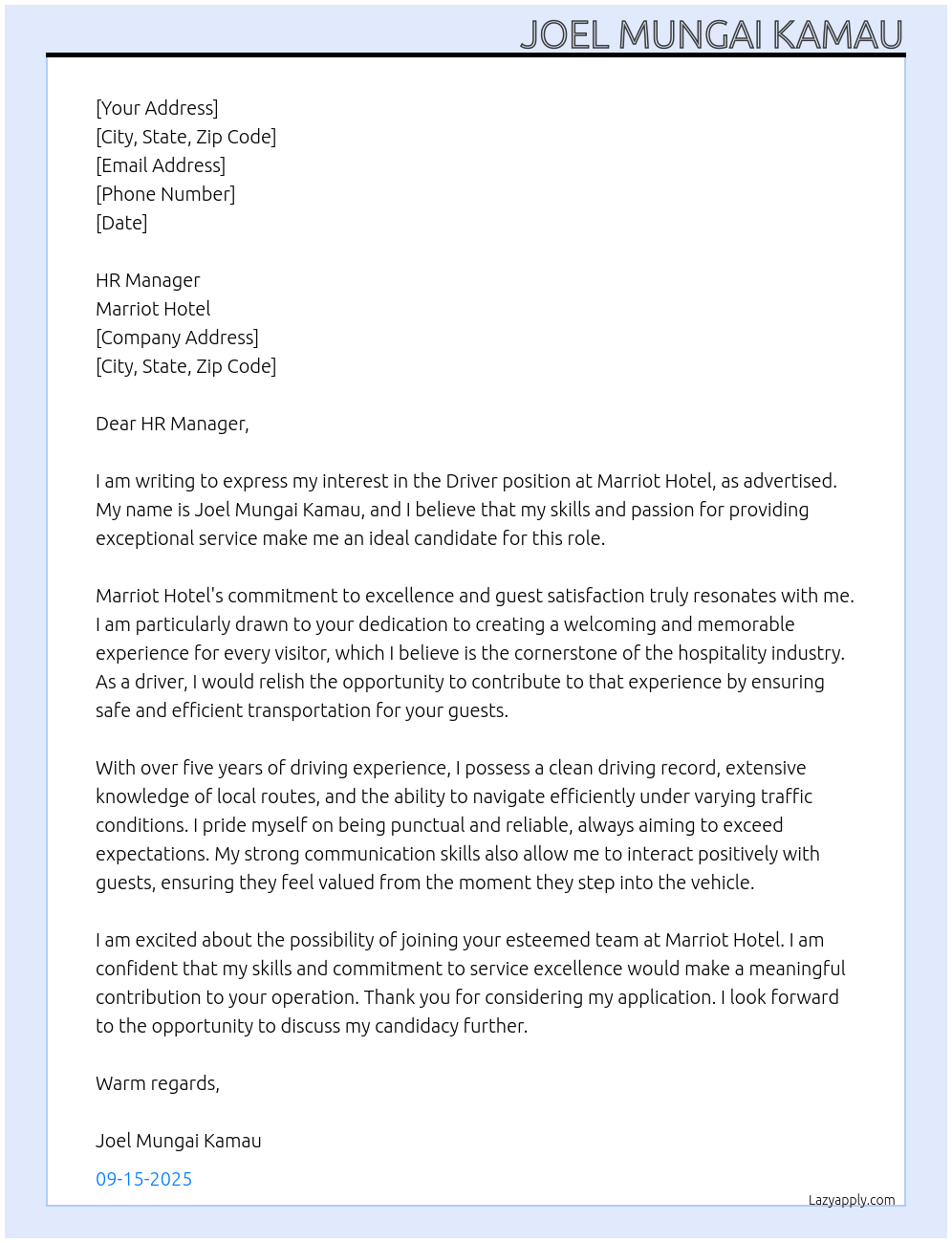 driver At MARRIOT HOTEL Cover Letter