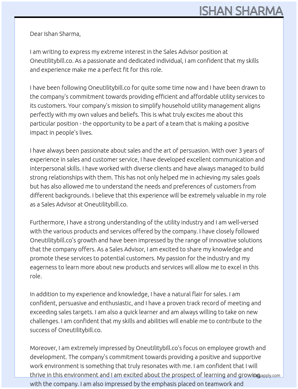 Sales Advisor At Oneutilitybill.co Cover Letter