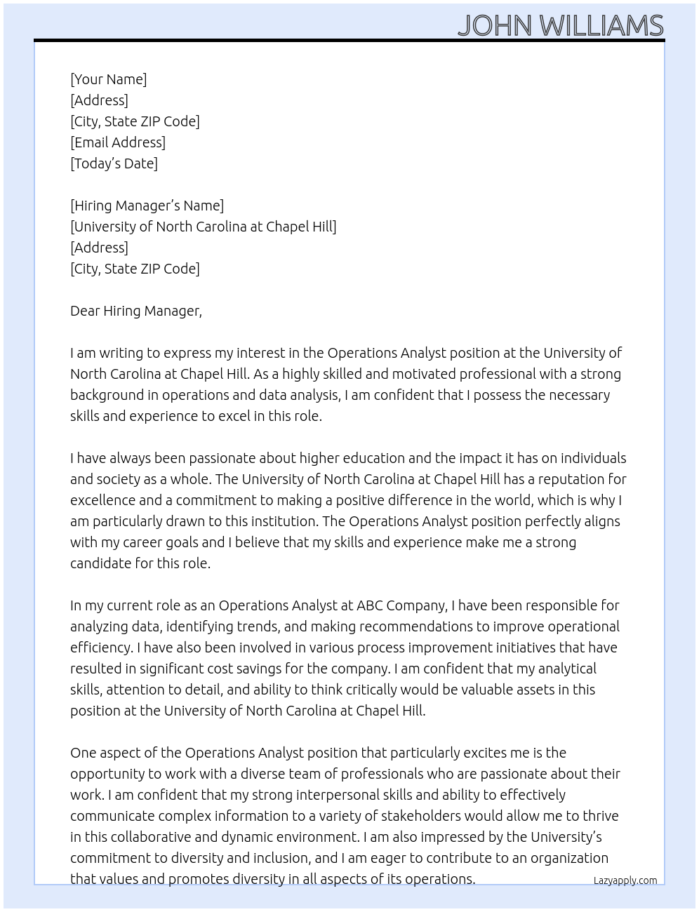 Operations Analyst At University of North Carolina at Chapel Hill Cover Letter