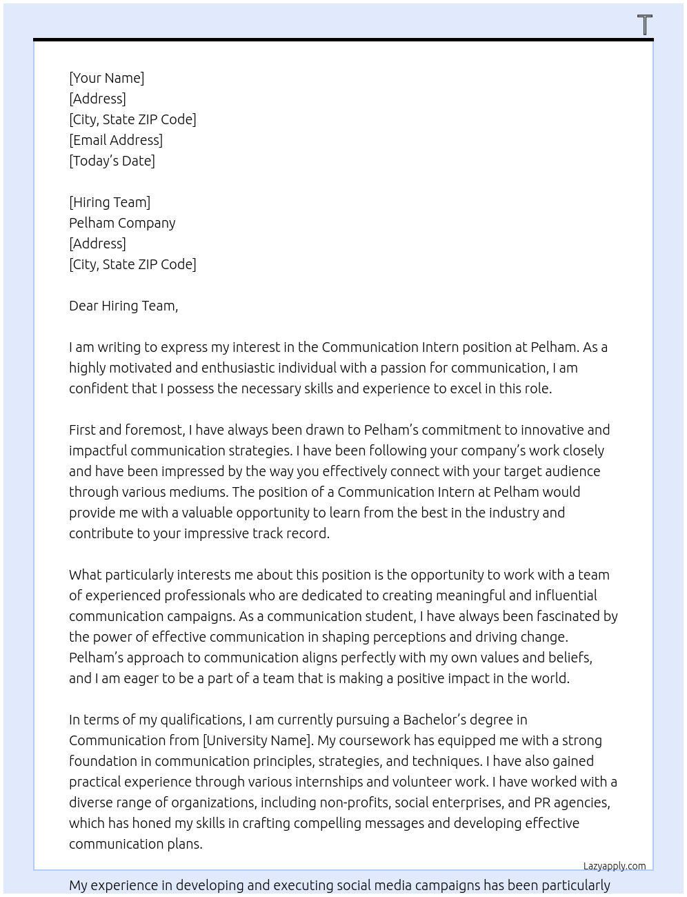 Communication Intern At Pelham Cover Letter