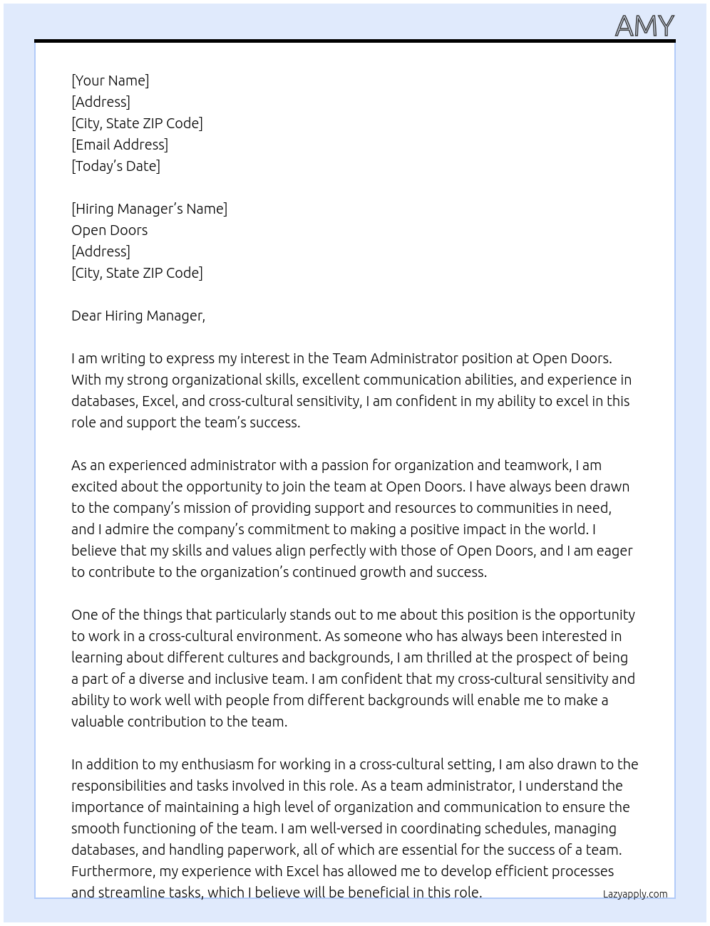 team administrator At Open Doors Cover Letter