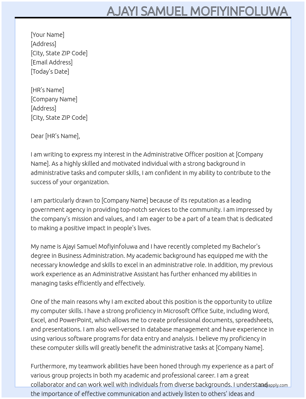 Administrative officer At Government agency Cover Letter