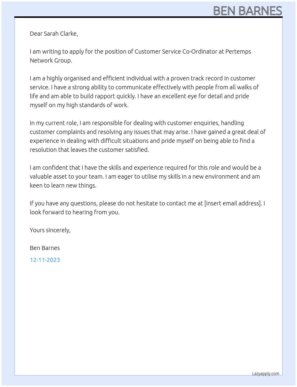  Customer Service Co-Ordinator At Pertemps Network Group Cover Letter