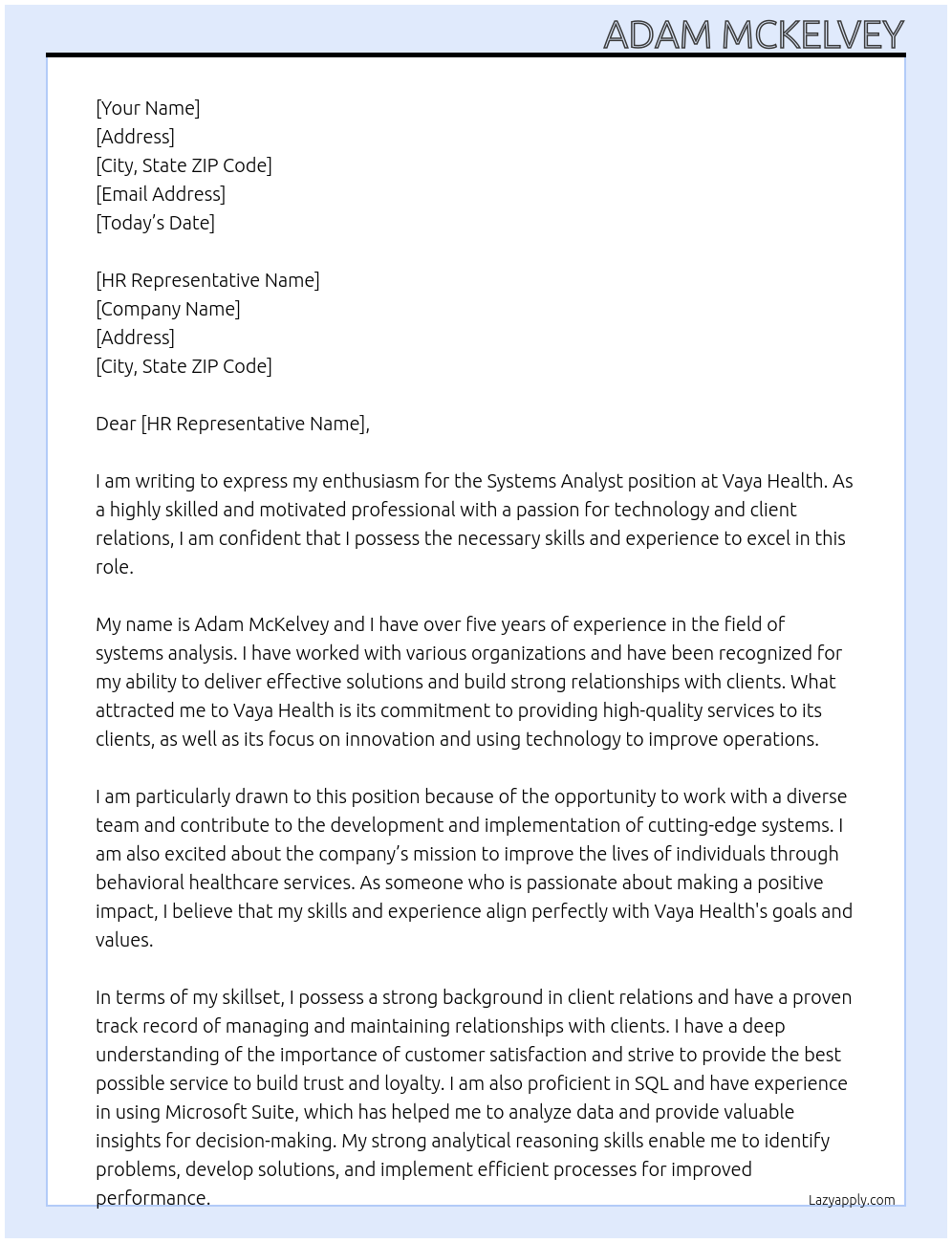 Systems Analyst At Vaya Health Cover Letter