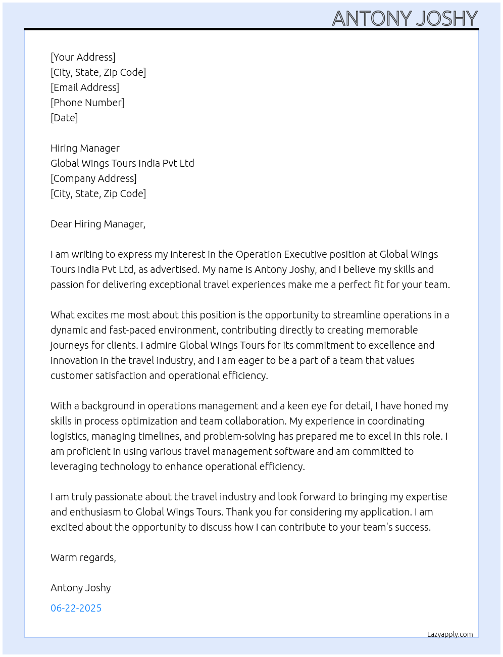 Operation Executive  At Global wings tours india pvt Ltd  Cover Letter