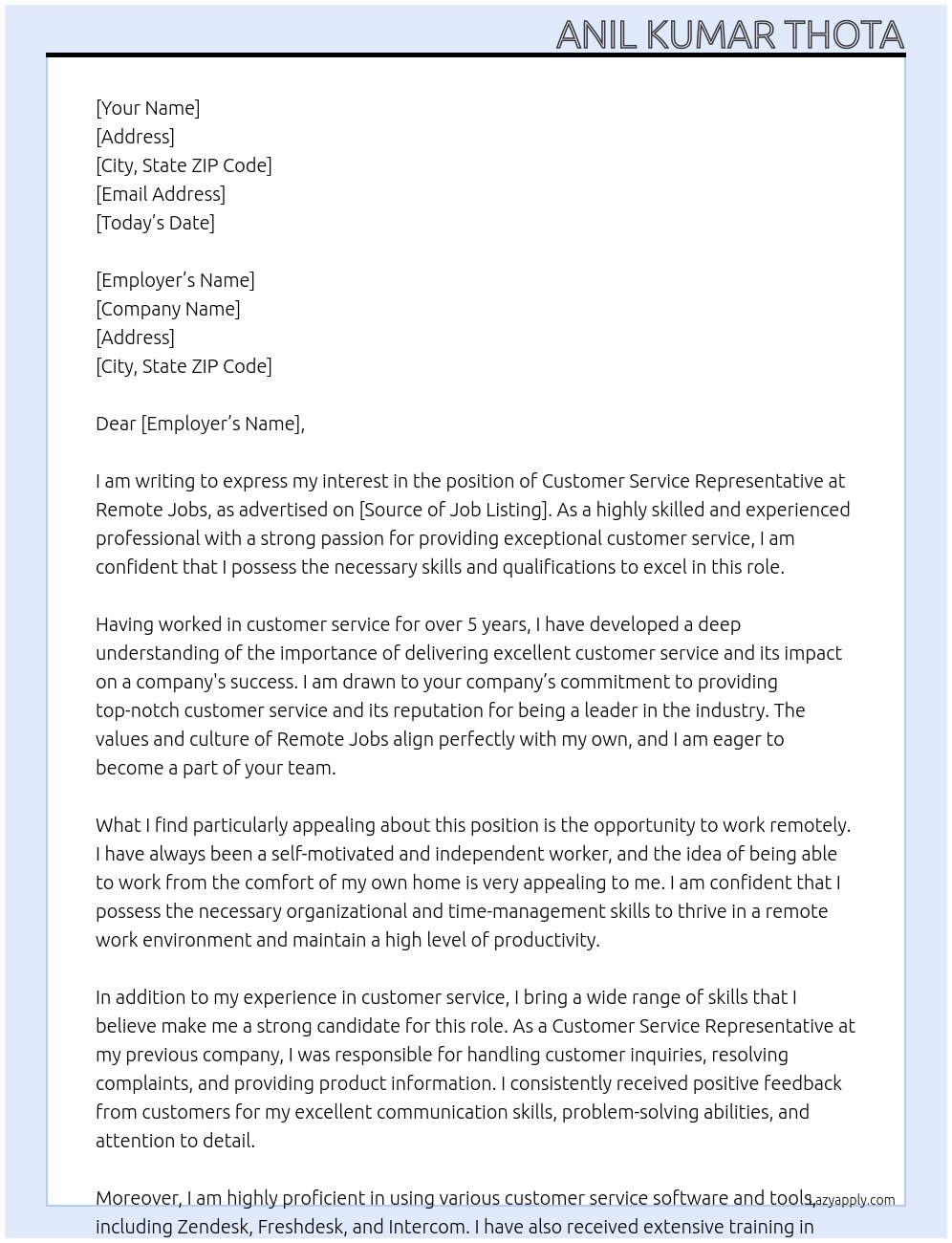 Customer Service Representive At Remote Jobs Cover Letter