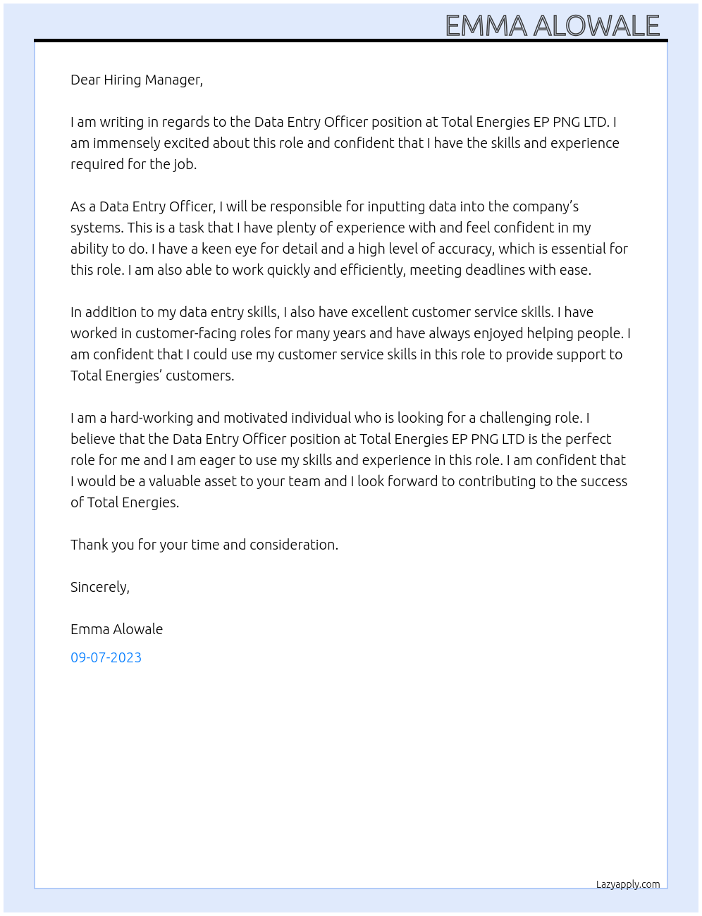 Data Entry Officer  At Total Energies EP PNG LTD Cover Letter