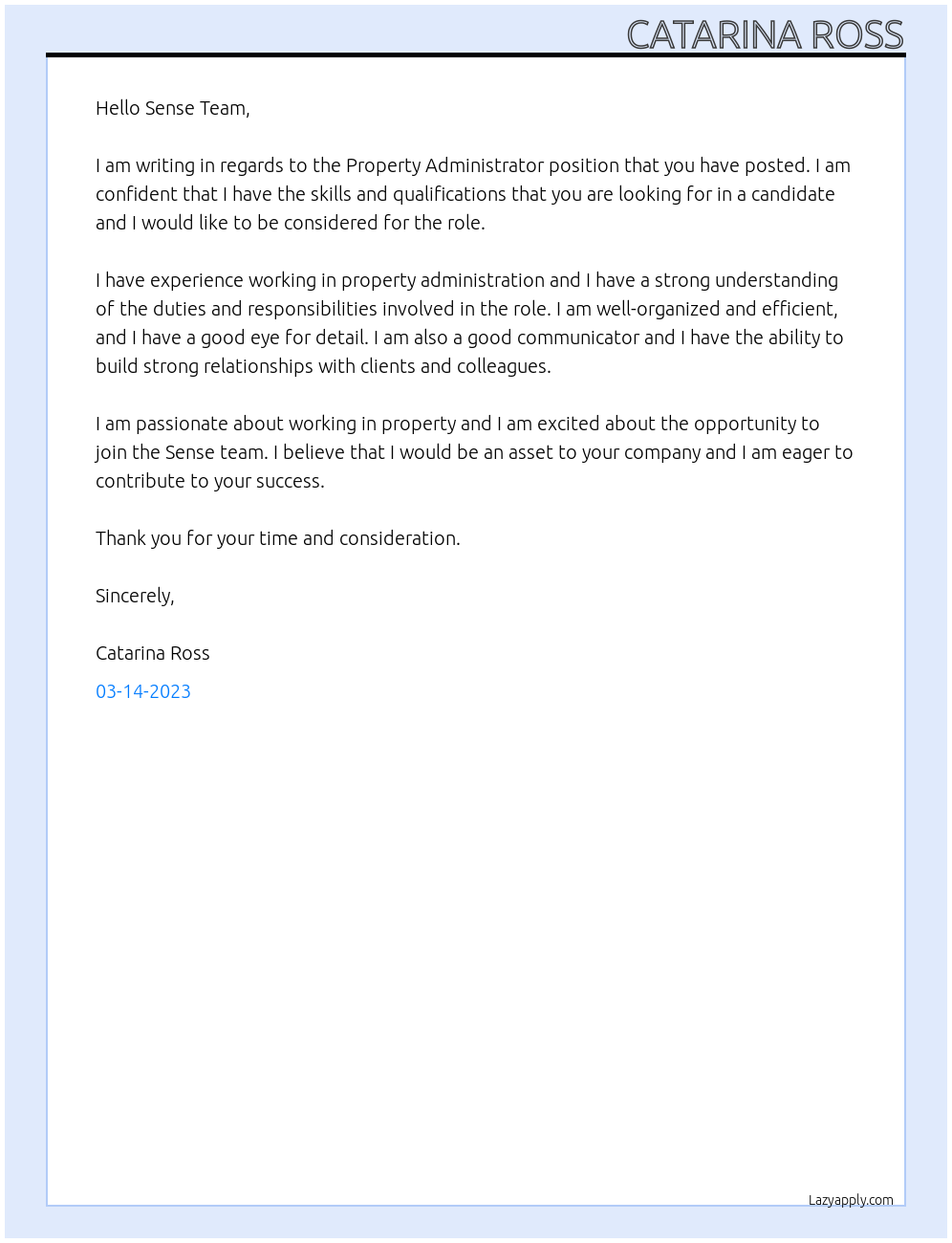 Property Administrator At Sense Cover Letter