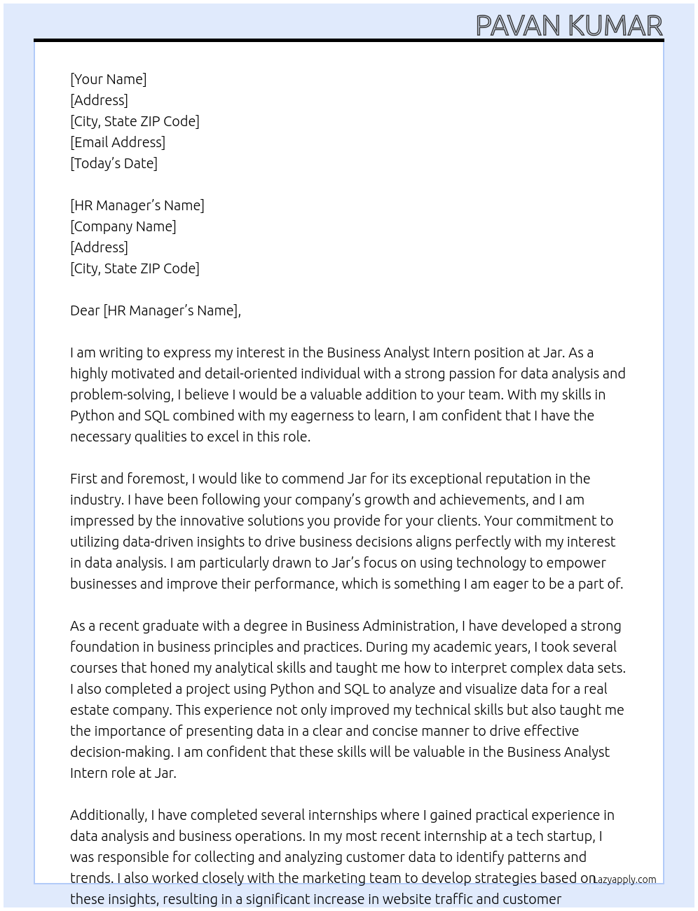 Business Analyst Intern At Jar Cover Letter