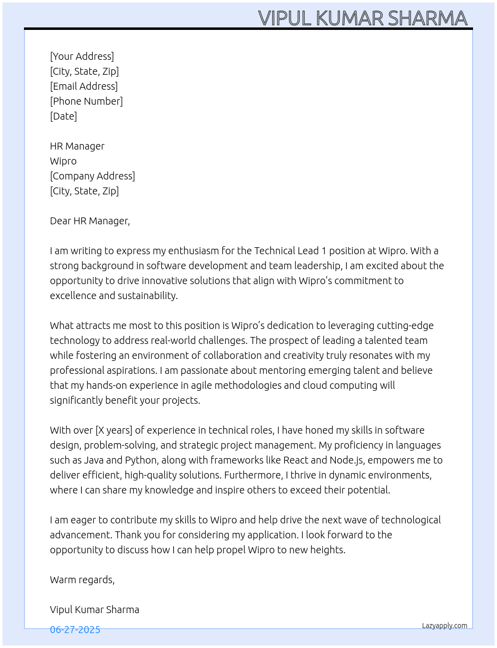 Cover letter for technical lead 1 - LazyApply
