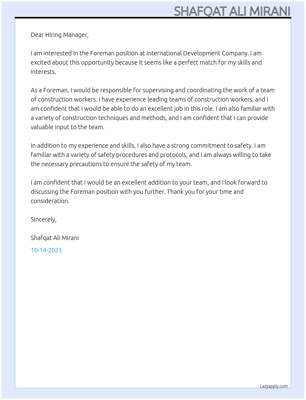 Foreman At International Development Company Cover Letter