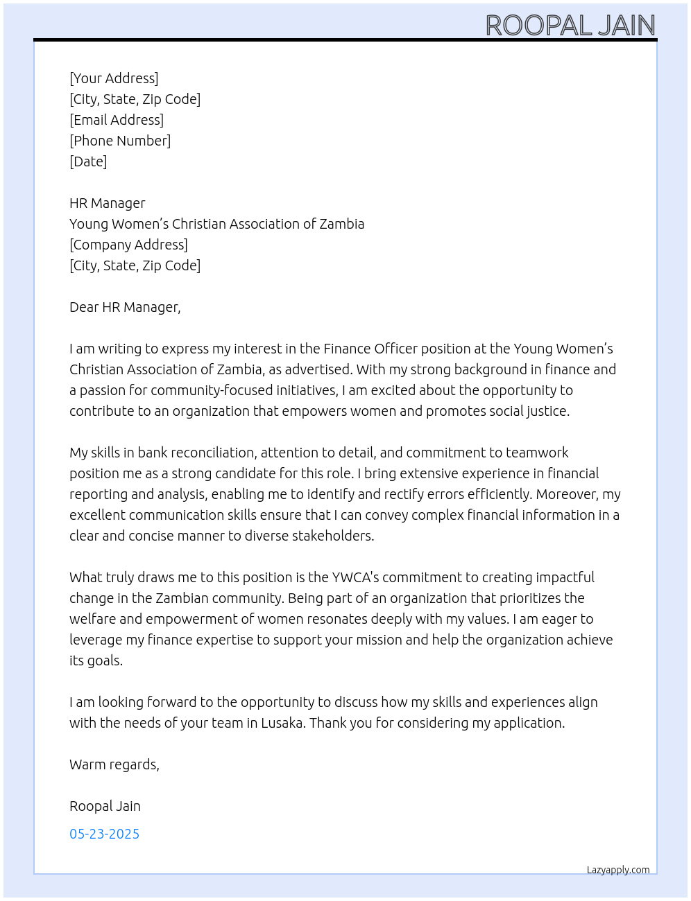 Finance Officer At Young Women’s Christian Association of Zambia Cover Letter